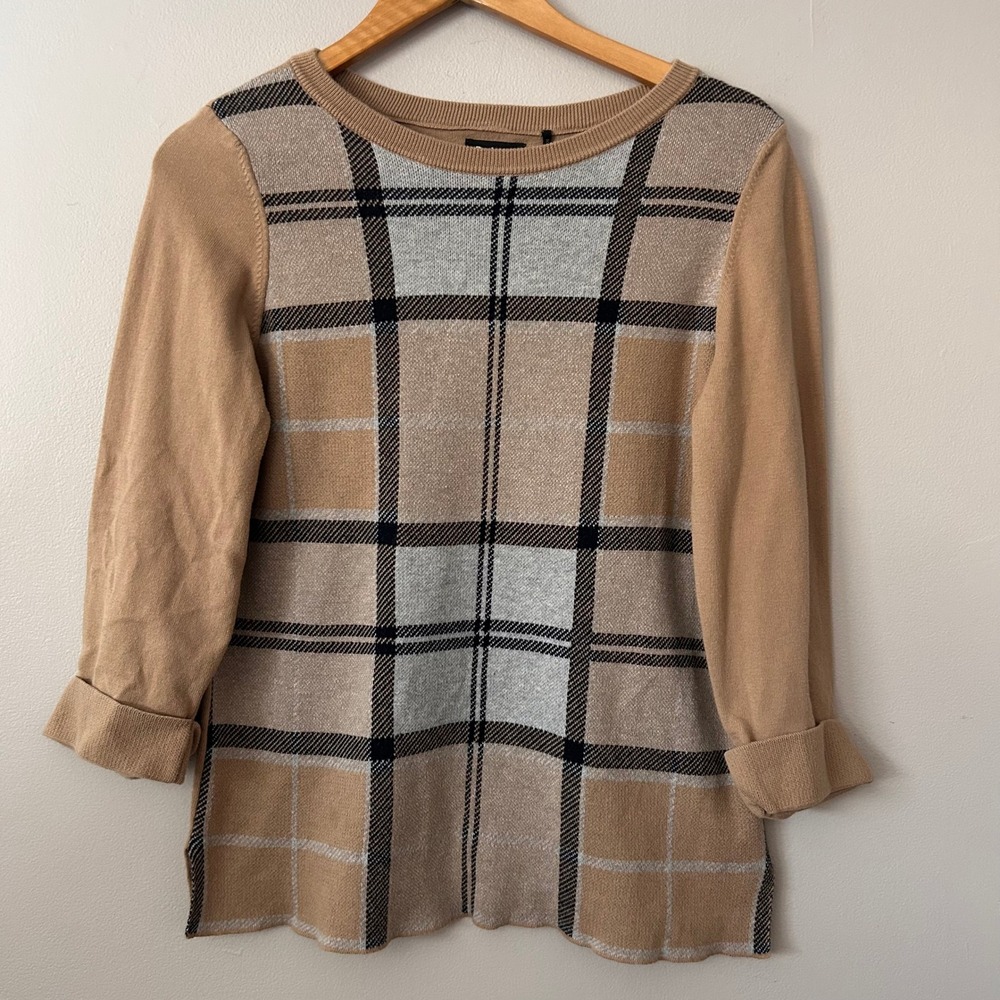 Barbour Sweater Womens 6 Tan Tartan Collection‎ Plaid Knit Jacquard 3/4 Sleeve